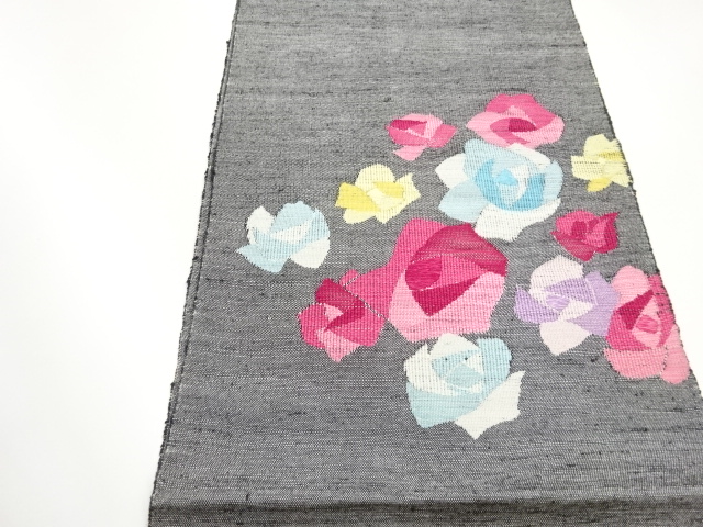  手織り紬薔薇模様織出し名古屋帯